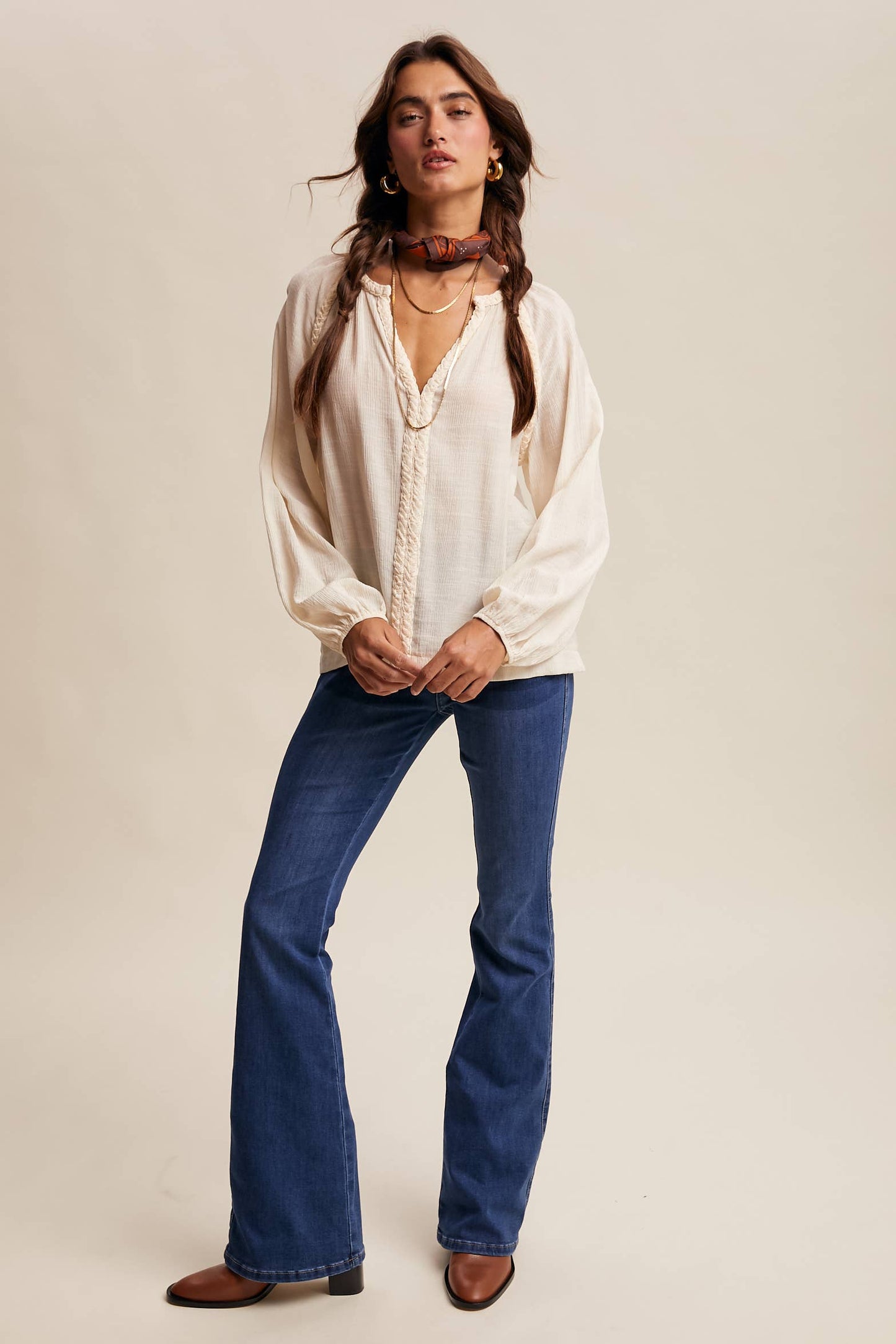 Braided Trim Peasant Blouse LT1447: Ecru / Contemporary / S