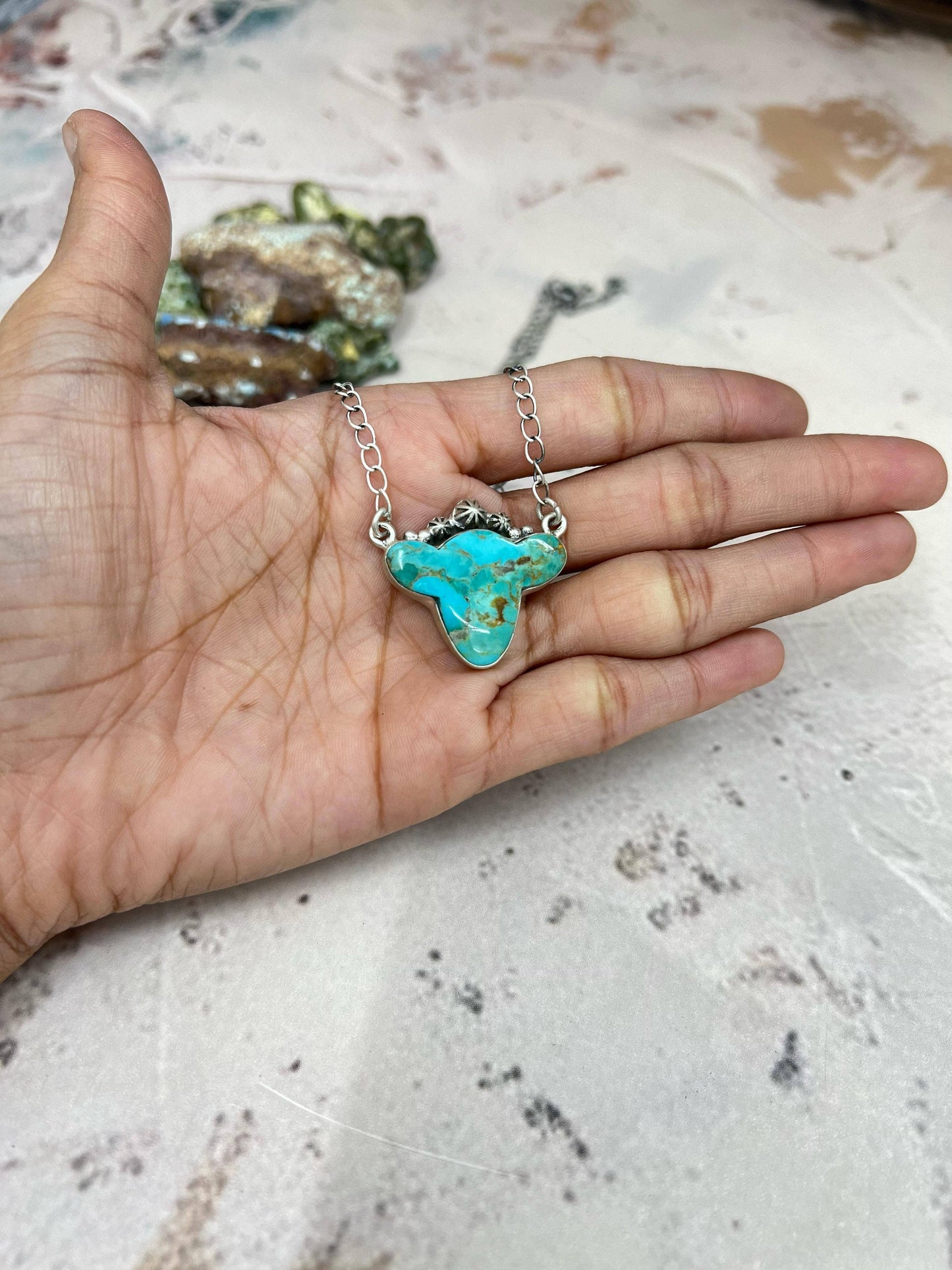 Handmade Sterling Silver Kingman Turquoise Cowhead Necklace with Signed Nizhoni: Kingman Turquoise