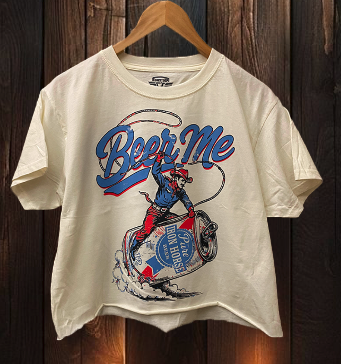 Beer Me Rodeo  relaxed Crop T-shirt : Small Natural