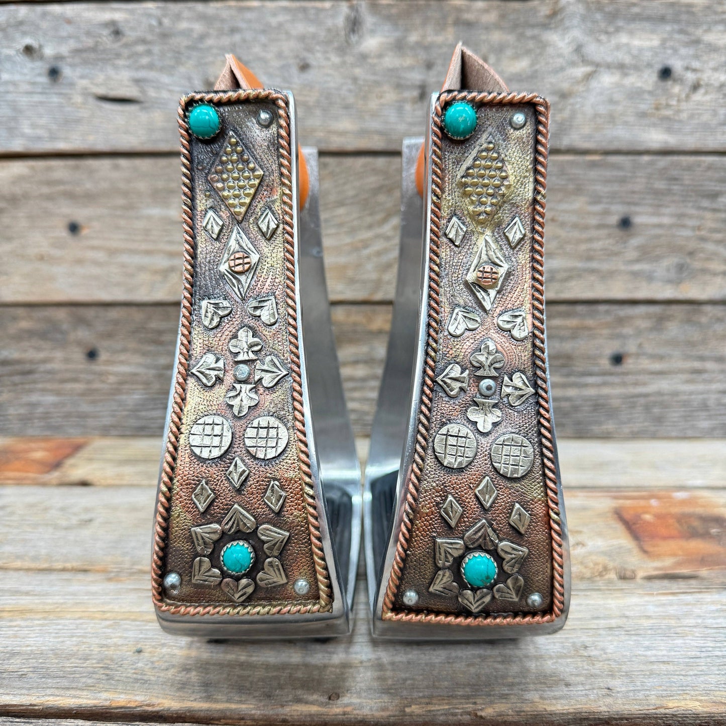 Hand Engraved Copper and Turquoise Barrel Racing Western Stirrups BRS100