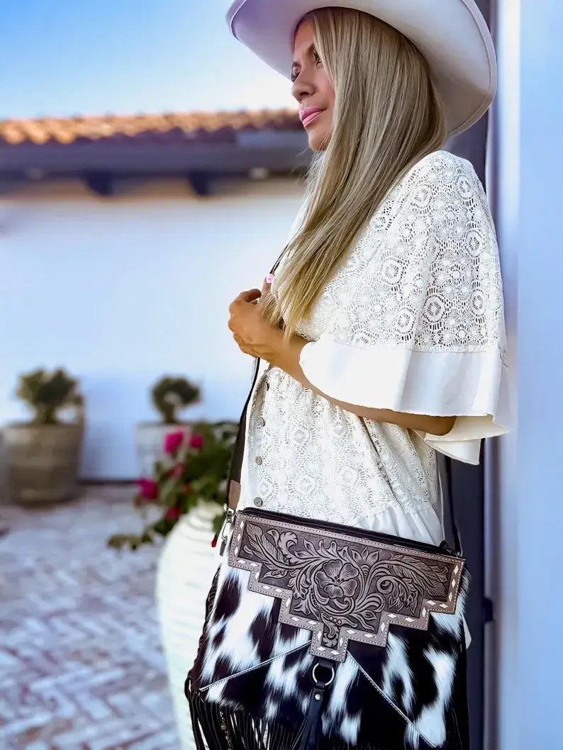 DIXIE CROSSBODY cowhide Western Tooled Leather fringe purse: BROWN + WHITE COWHIDE