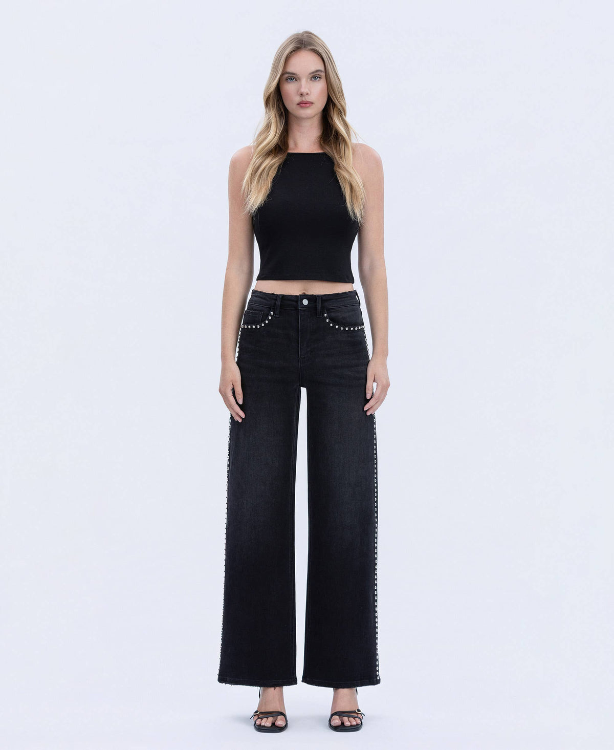 HIGH RISE SILVER DOME NAIL HEAD DETAIL WIDE JEANS V3712BK: Black / 25