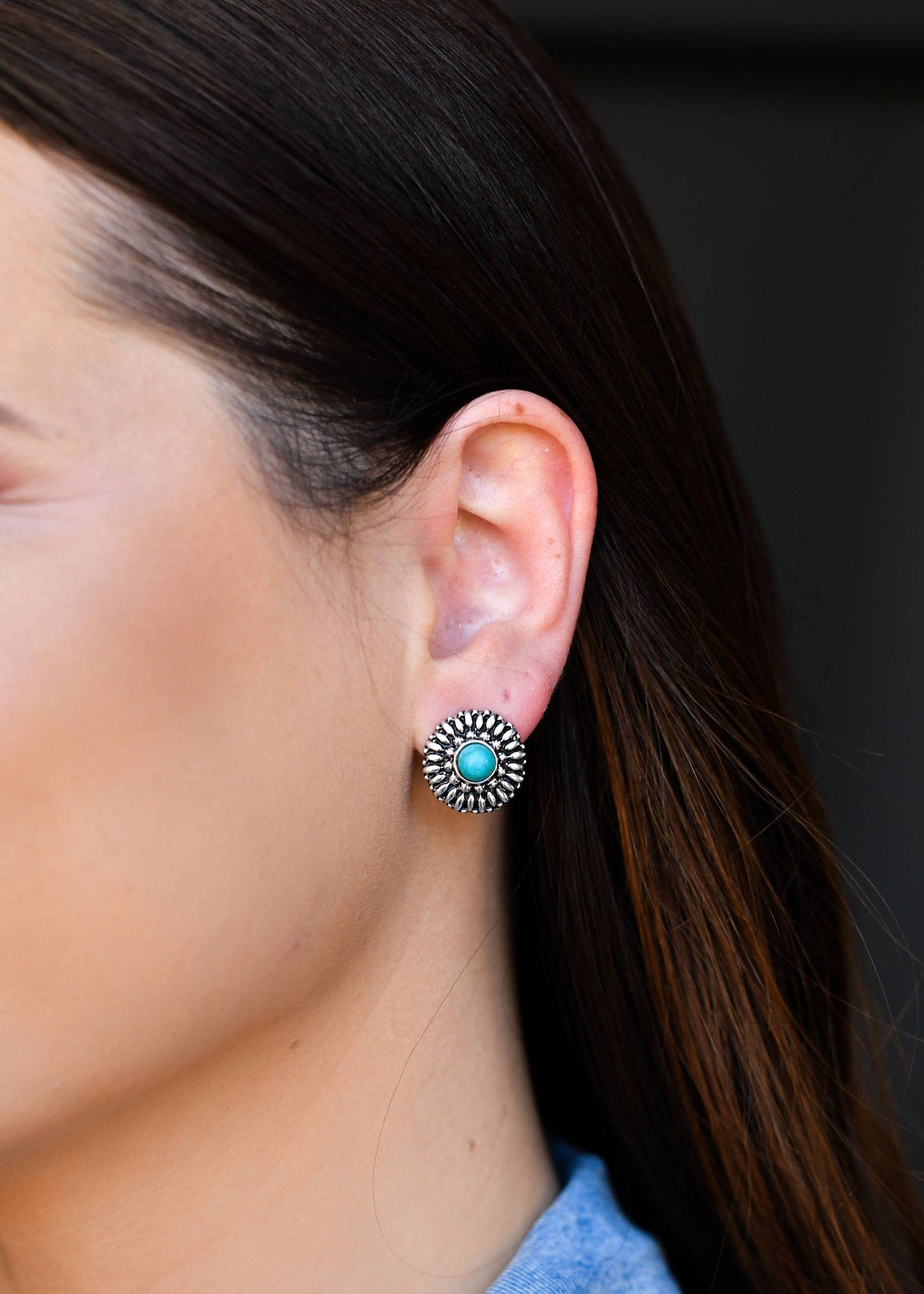 .75" Silver Flower Stud Earring with Turquoise Accent