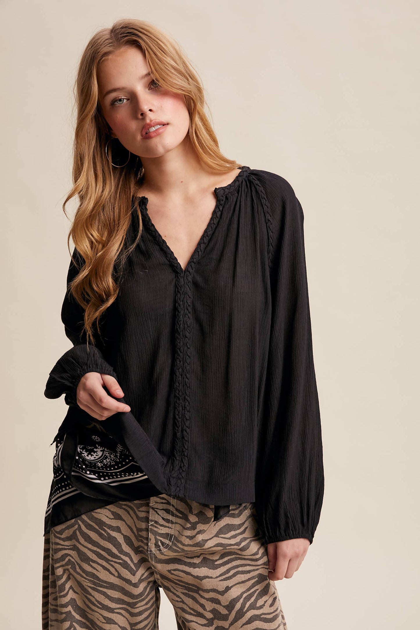 Braided Trim Peasant Blouse LT1447: Ecru / Contemporary / S