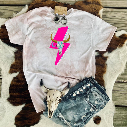 Pink Bolt Skull Western Tee: Large