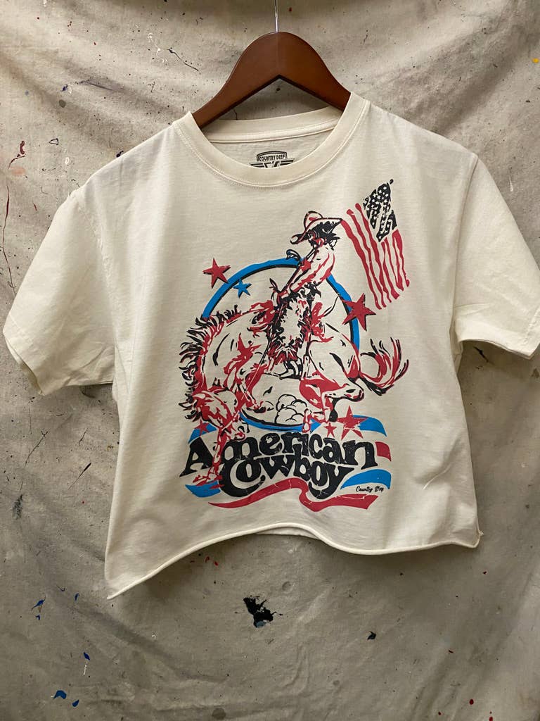 American Cowboy vintage relaxed Crop T-shirt  : Small Natural