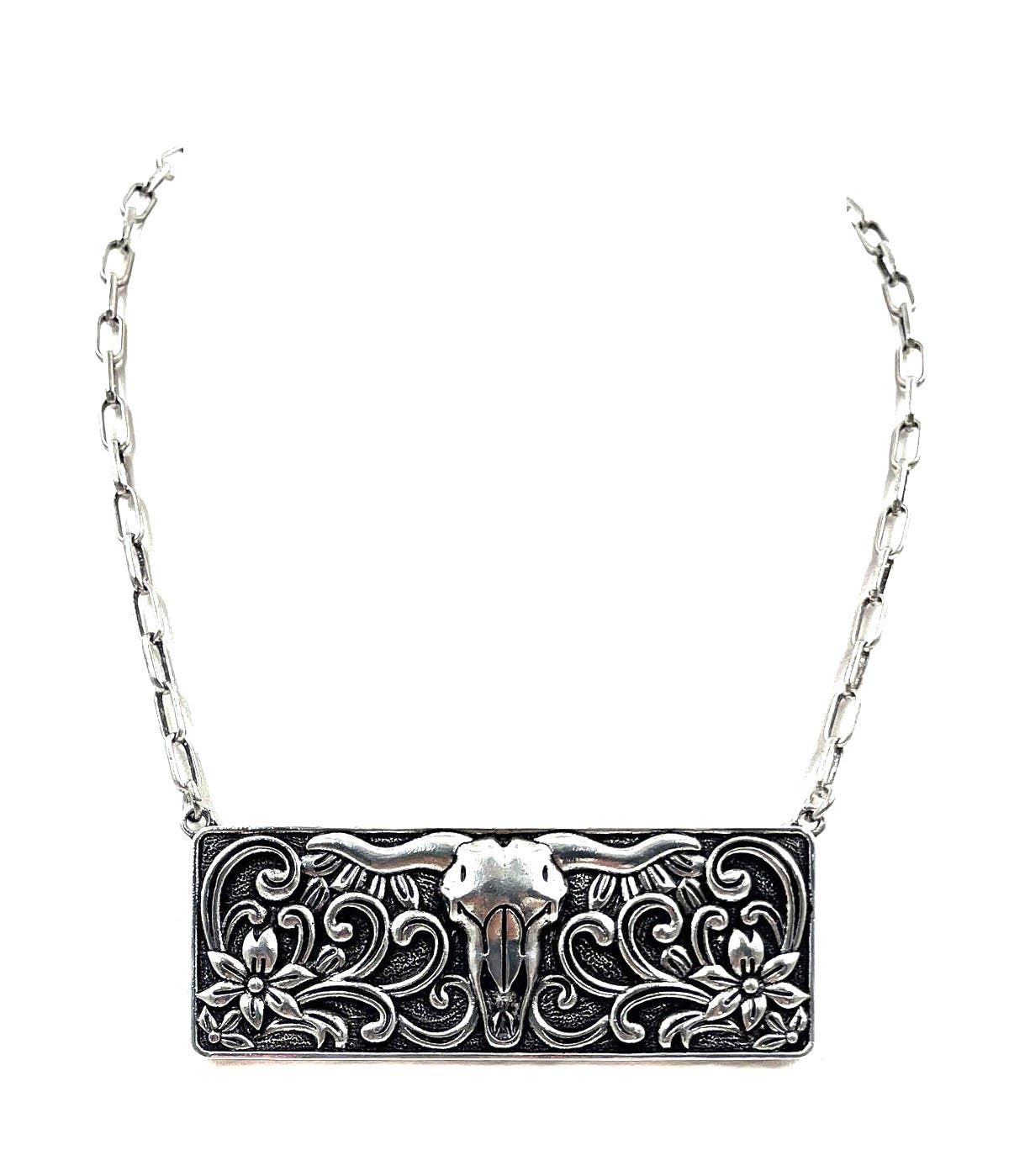Western Steer Head Metal Plate Necklace: Silver