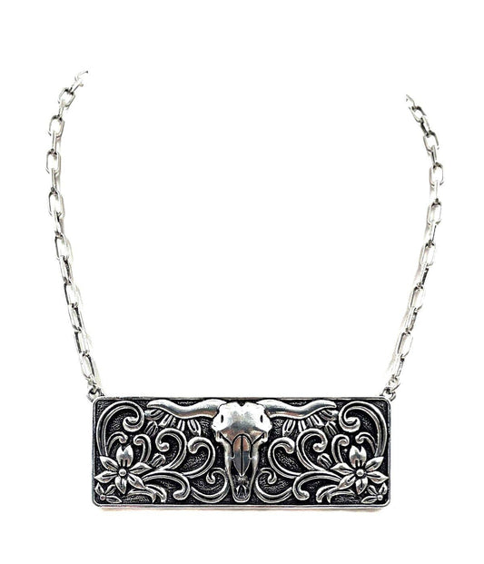 Western Steer Head Metal Plate Necklace: Silver