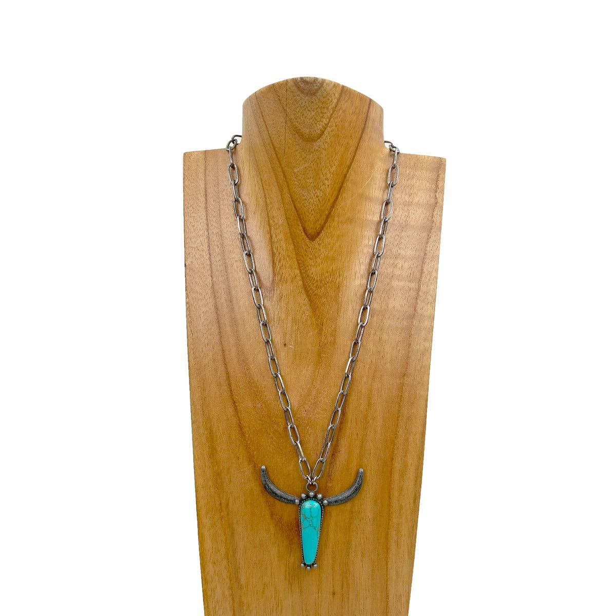 NKZ240414-04                        20 inches silver metal chain with blue turquoise stone long horn Necklace: BLUE