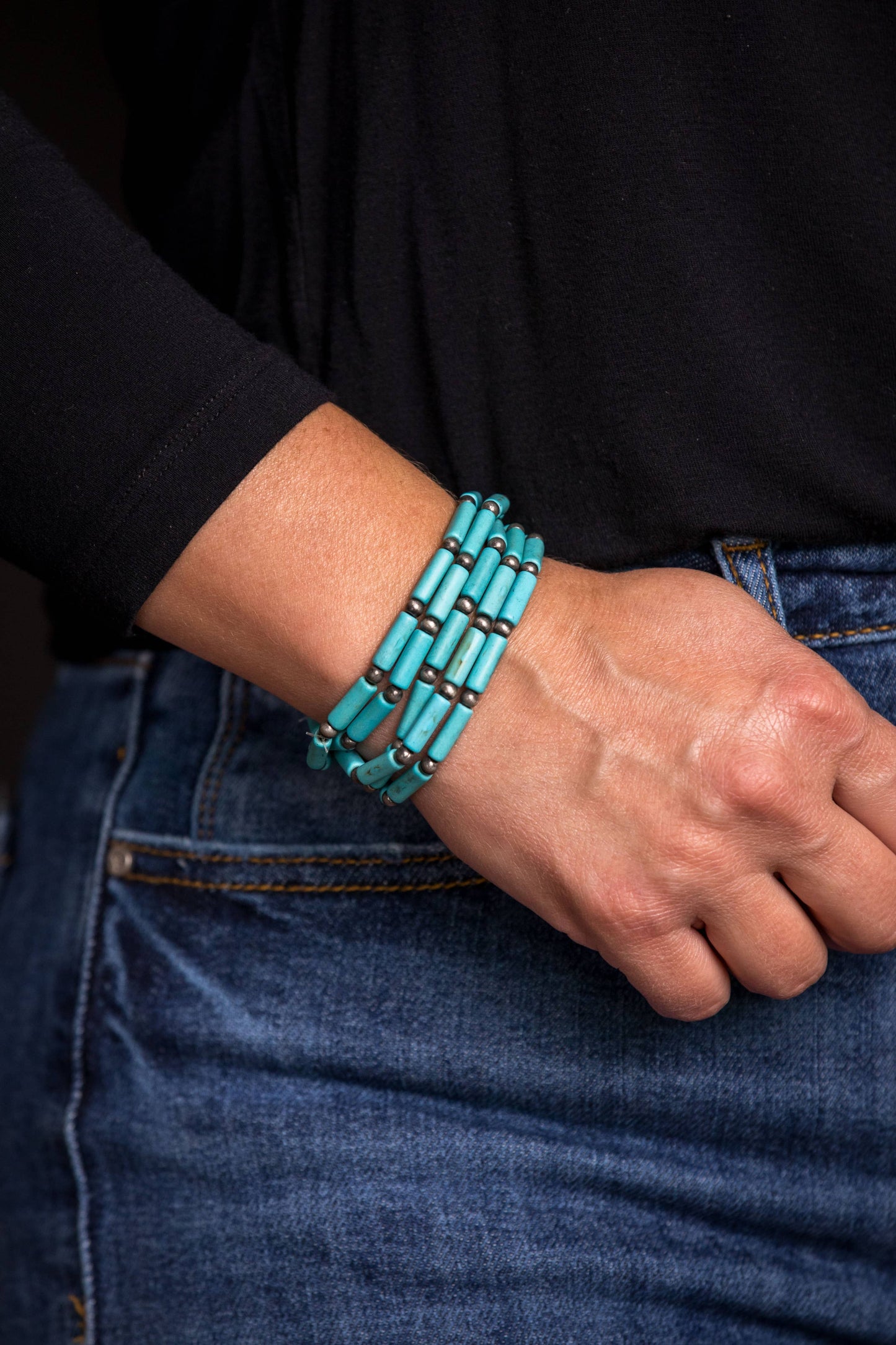 5 Strand Turquoise Tube Bead & Faux Navajo Stretch Bracelet