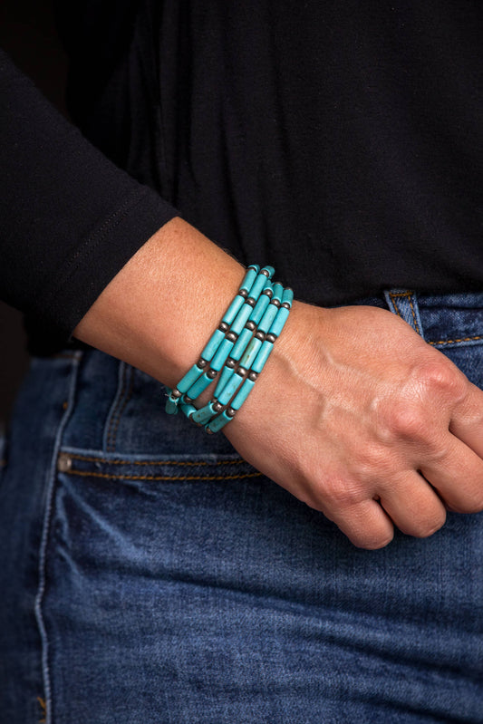 5 Strand Turquoise Tube Bead & Faux Navajo Stretch Bracelet