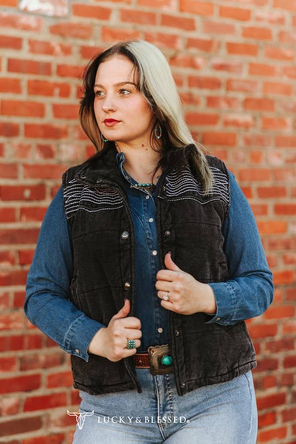Black Denim Puffer Studded Embroidered Vest
