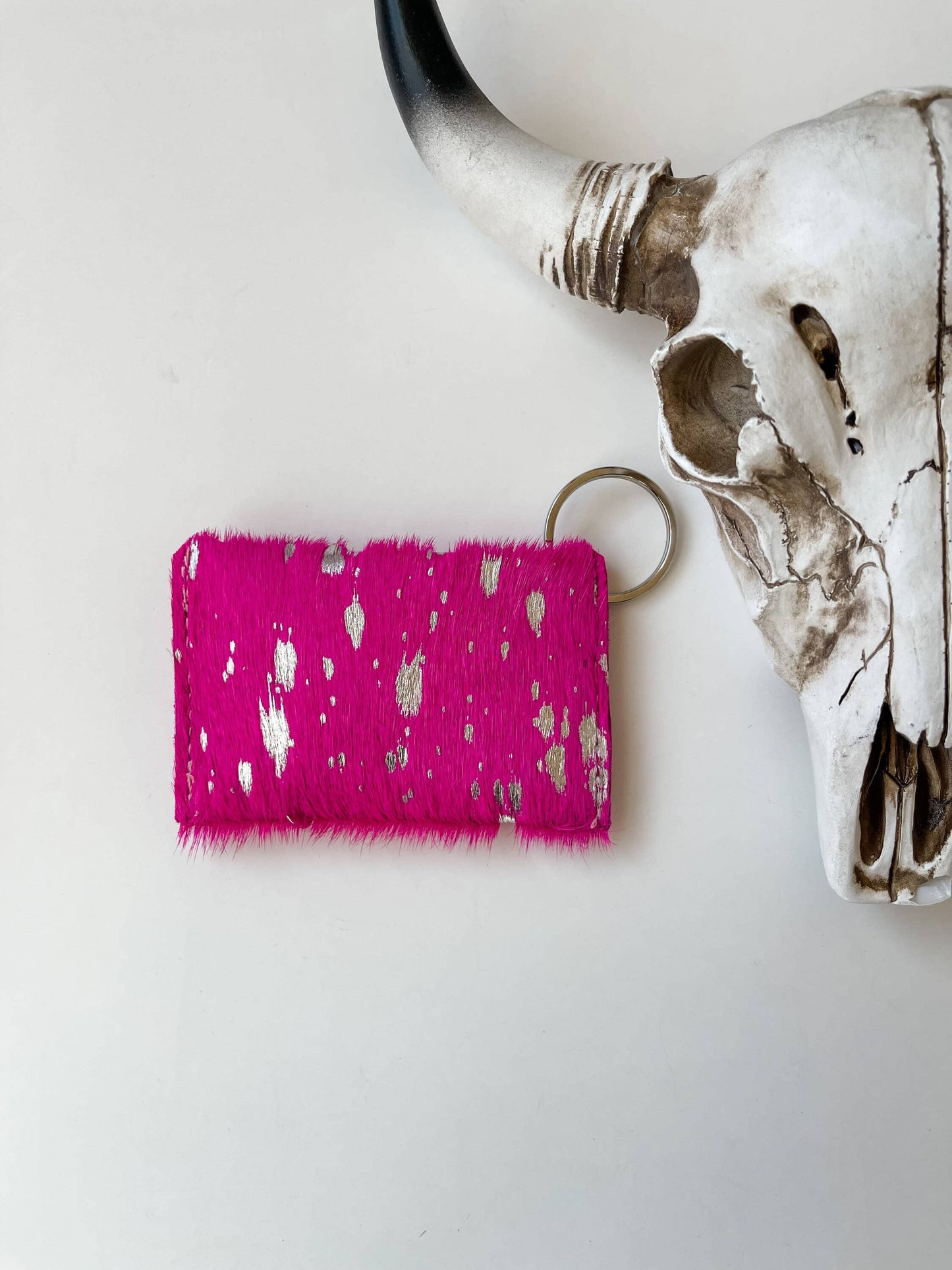 Cowhide Credit Card Holder Keychain - Gift Card holder: Pink + Silver Specs