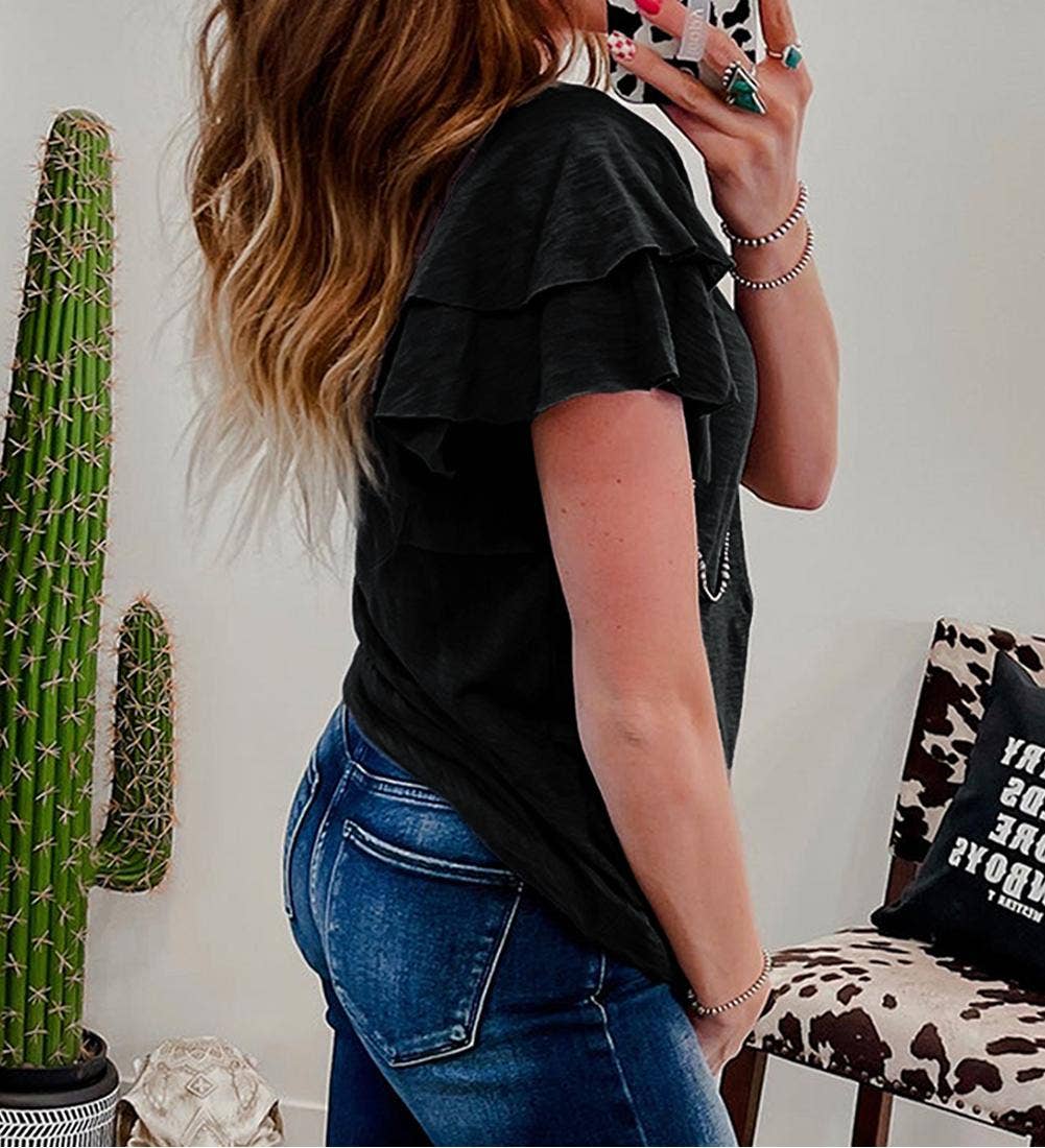Layered Ruffle Short Sleeve Round Neck Top: Dark Grey / S