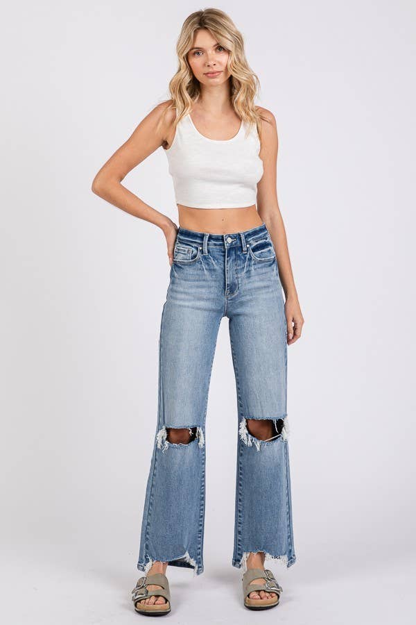 P1371W-MD HIGH RISE STRETCH SLIM WIDE LEG W/ DESTROYED HEM: 13/30