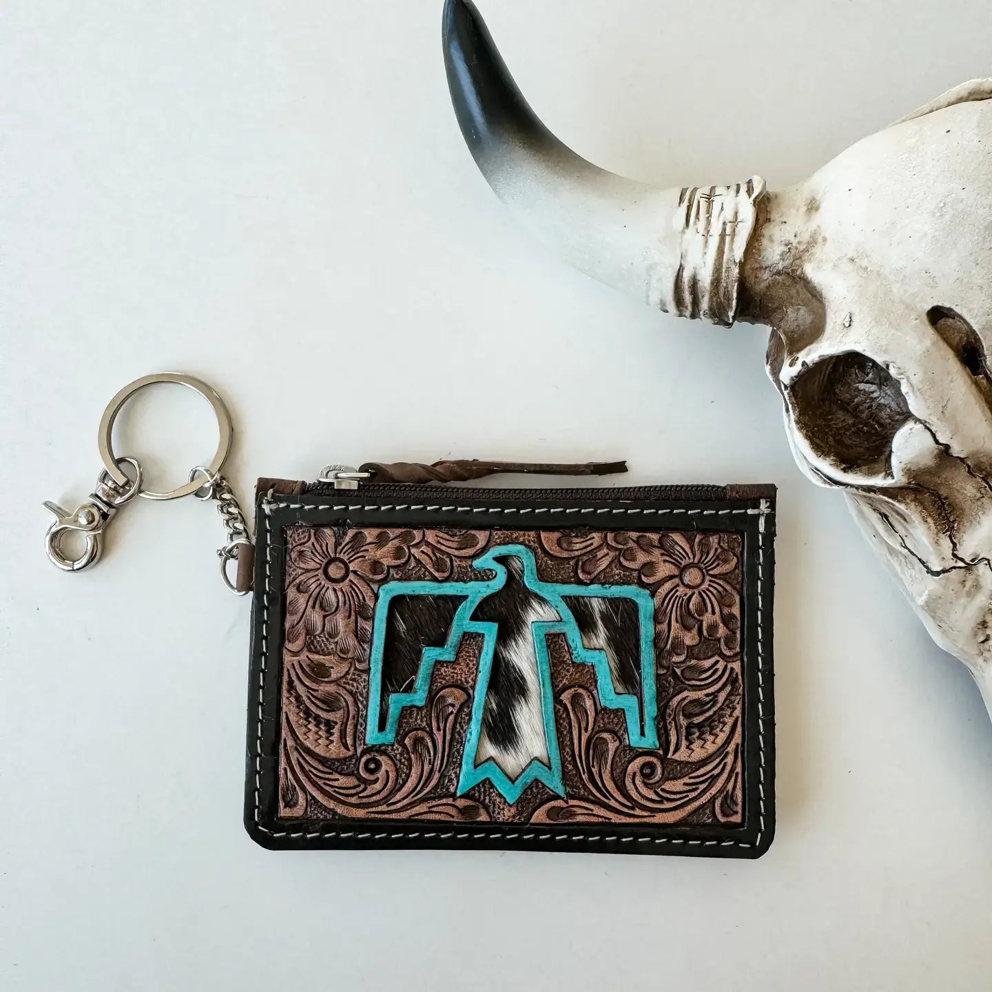 Western Cowhide Leather Keychain Wallet Longhorn Thunderbird: LONGHORN