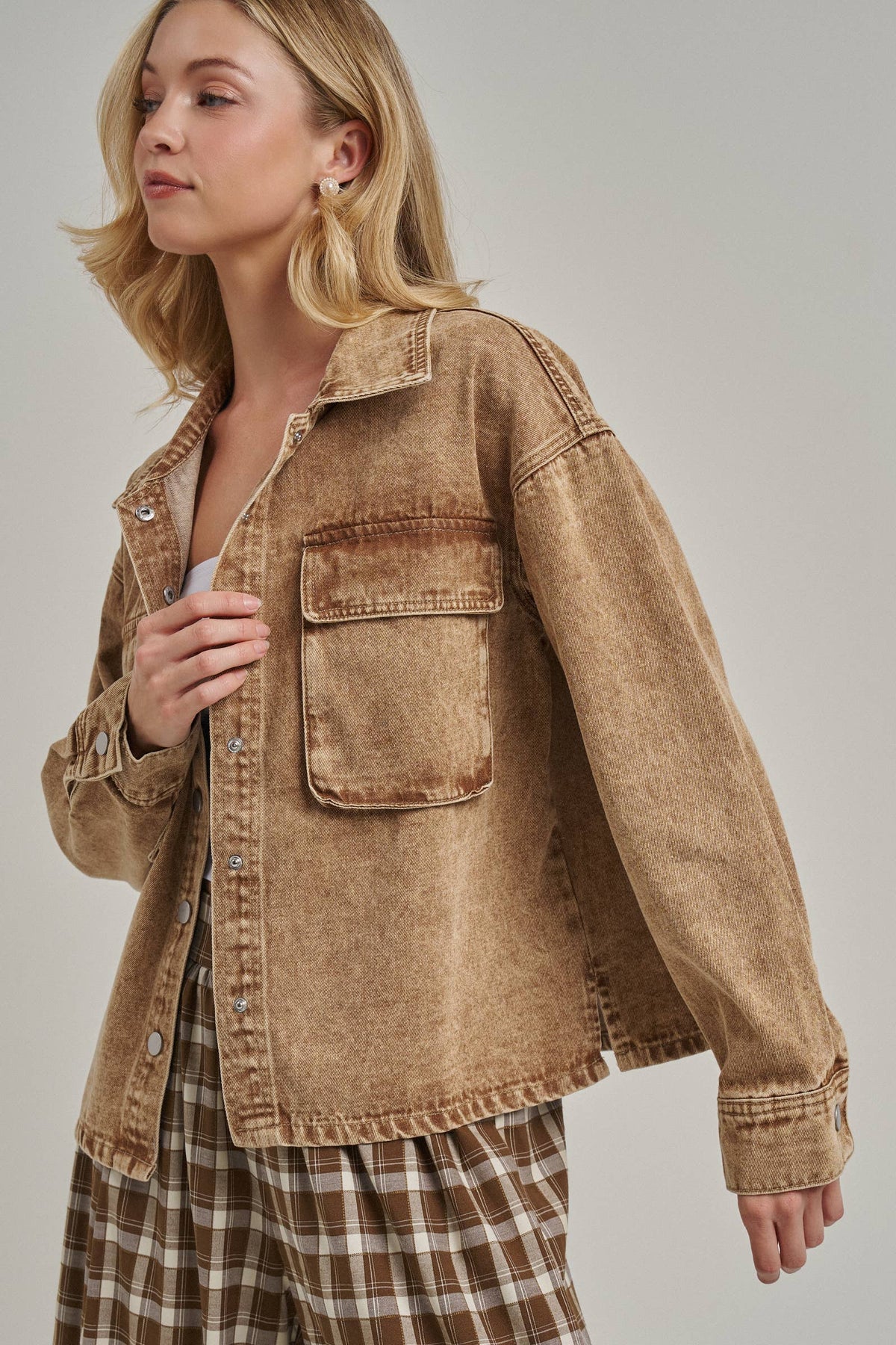 VINTAGE WASHED WESTERN INSPIRED SHACKET _JLT00321-03: VINTAGE TAUPE / S-M-L(2-2-2)