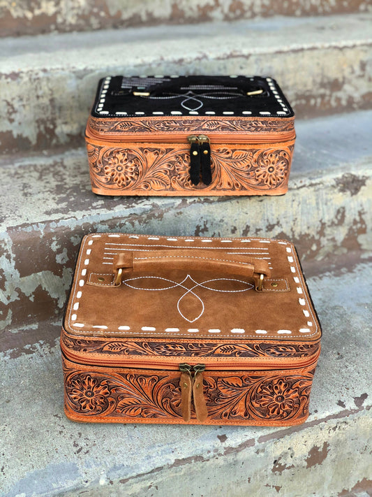 BootStitch Suede Leather Tooled Make up Box : Tan