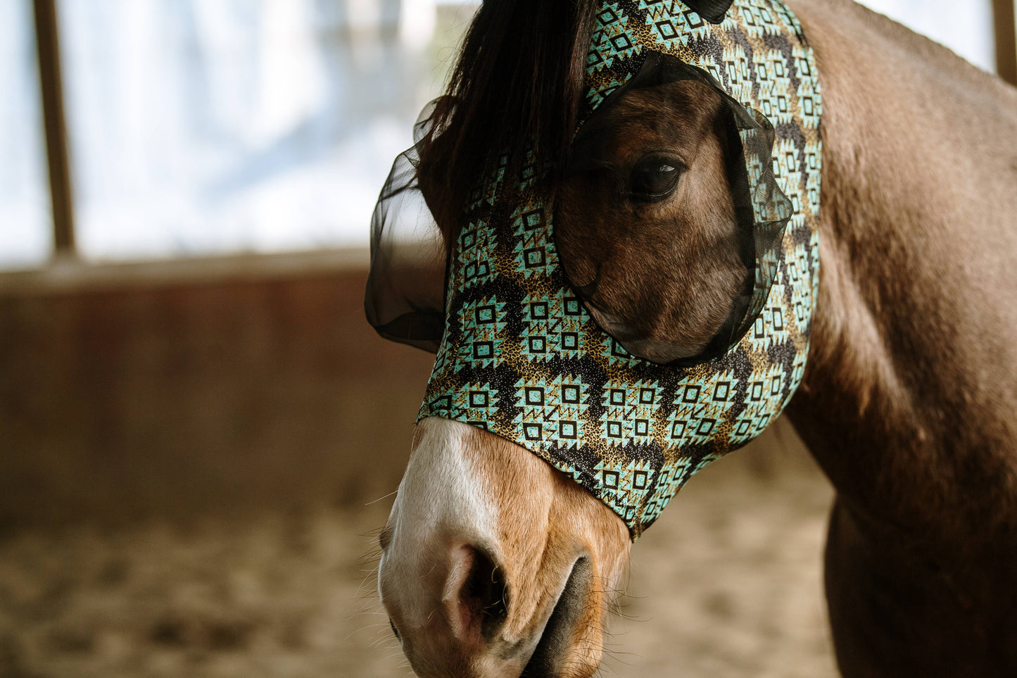 Lycra Fly Mask: Teal Aztec Leopard / Horse