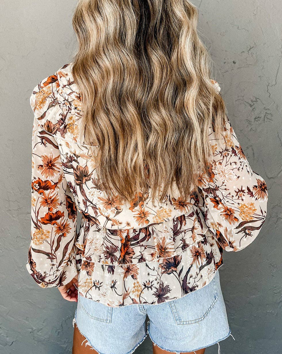 Floral Buttoned Peplum Top: Parchment / L