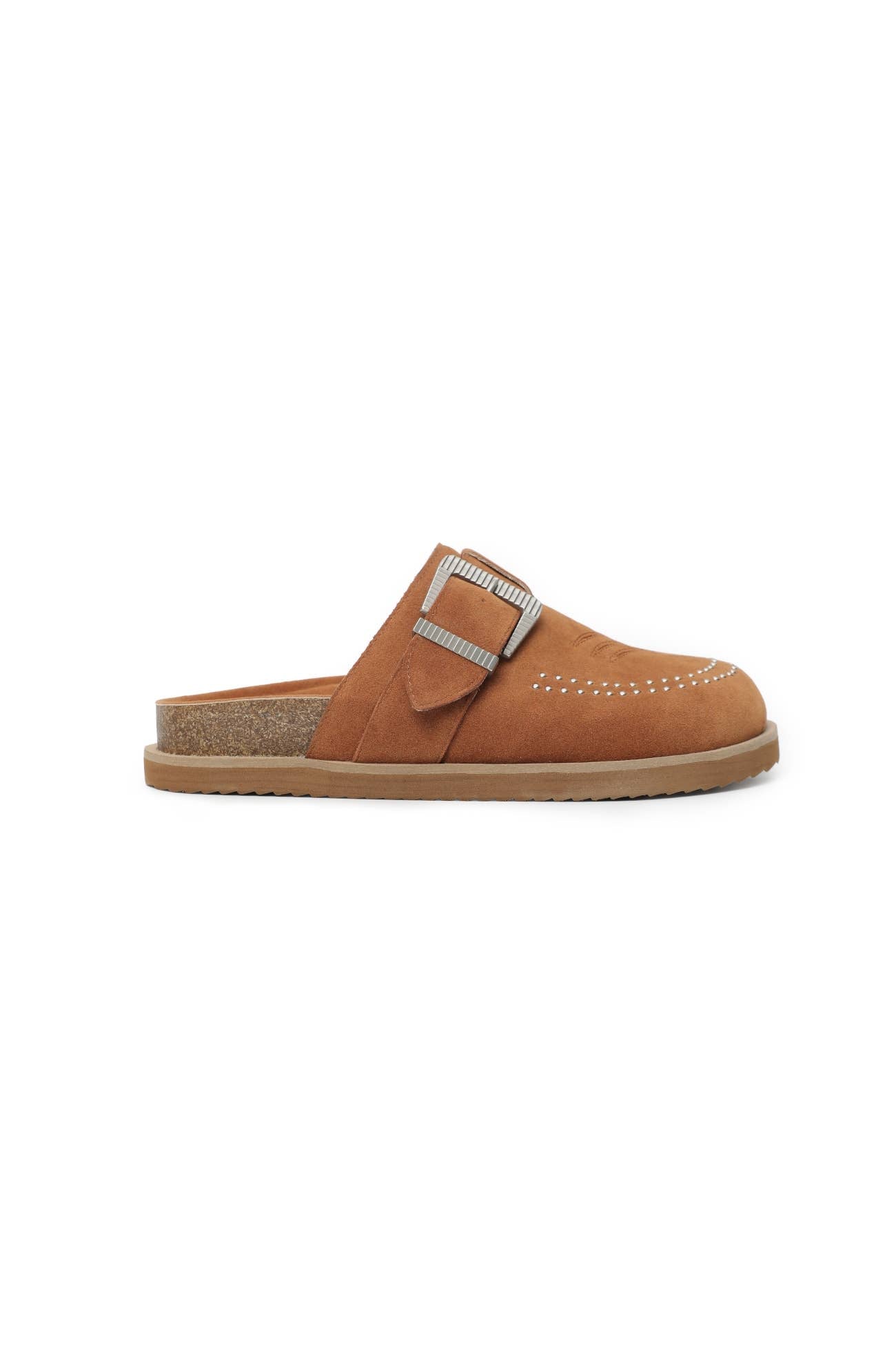 JOSEPHINE WESTERN-INSPIRED CLOSED-TOE CLOG SANDALS: CAMEL