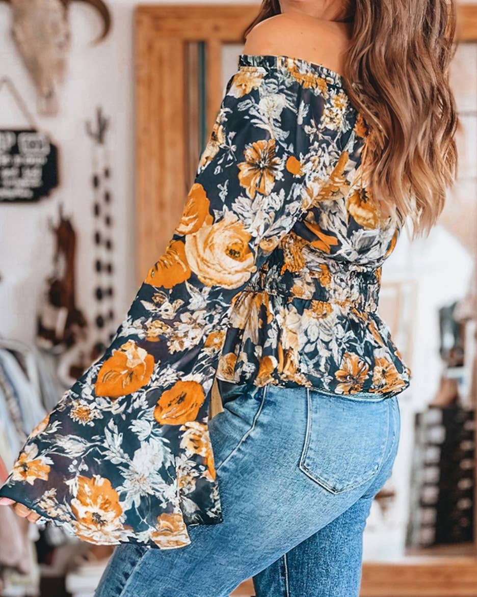 Floral Off Shoulder Bell Sleeve Smocked Peplum Top: Blue / M