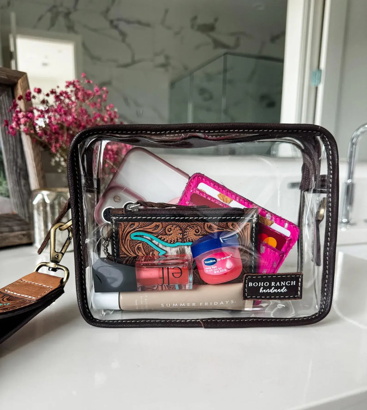 DARLA CLEAR WRISTLET | hand tooled strap - western purse: BROWN