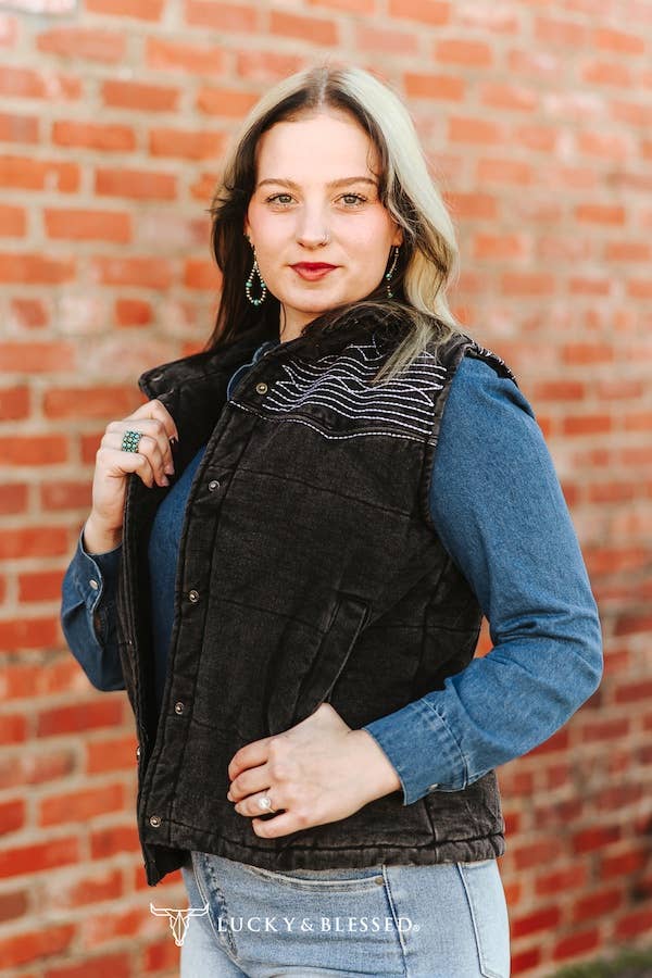 Black Denim Puffer Studded Embroidered Vest