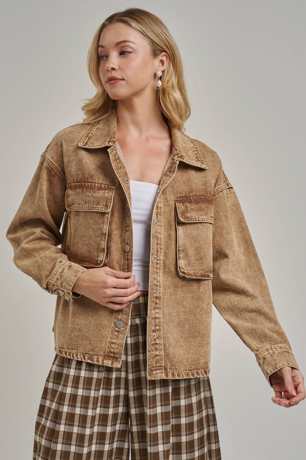 VINTAGE WASHED WESTERN INSPIRED SHACKET _JLT00321-03: VINTAGE TAUPE / S-M-L(2-2-2)