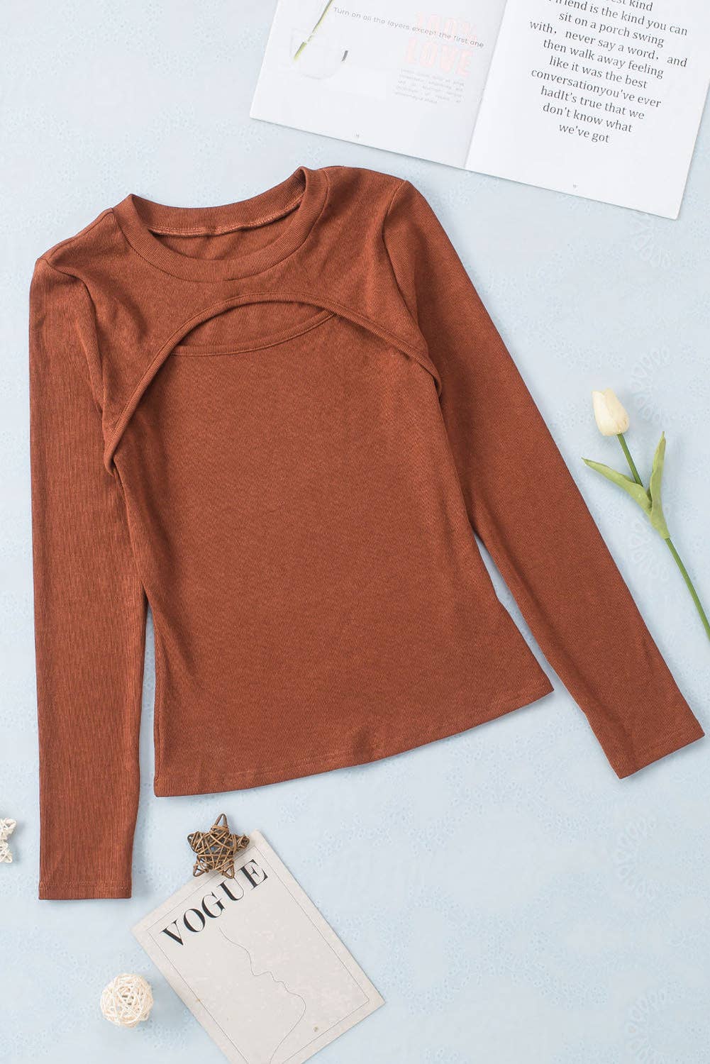 Ribbed Peekaboo Cutout Top: Brown