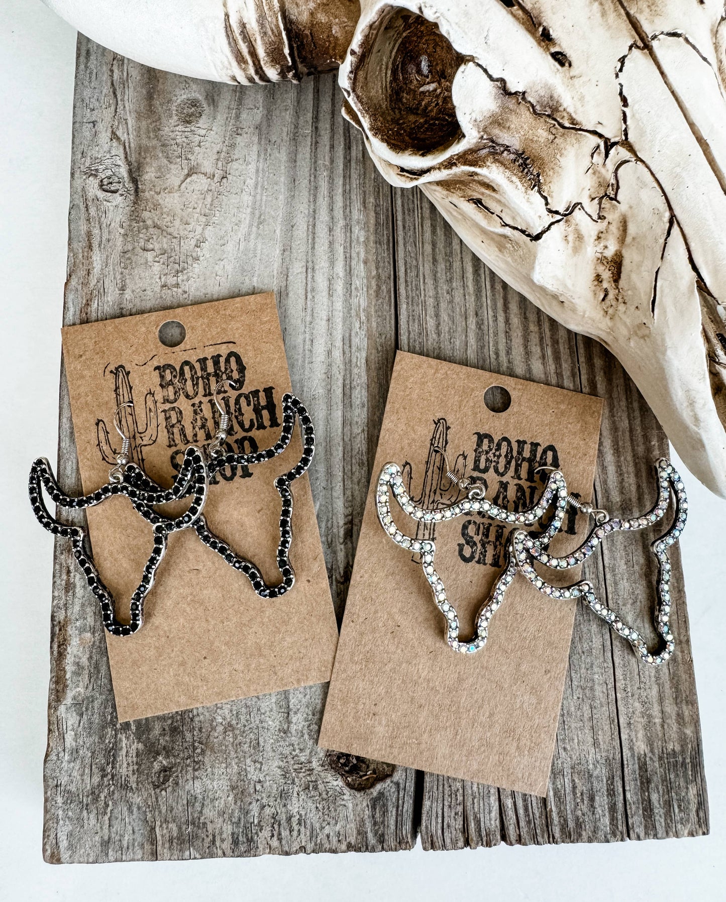Rhinestone Steer Bull Head Earrings: BLACK
