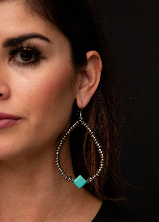 Metallic Silver Dangle Hoop Earring w/ Turq Diamond Accent
