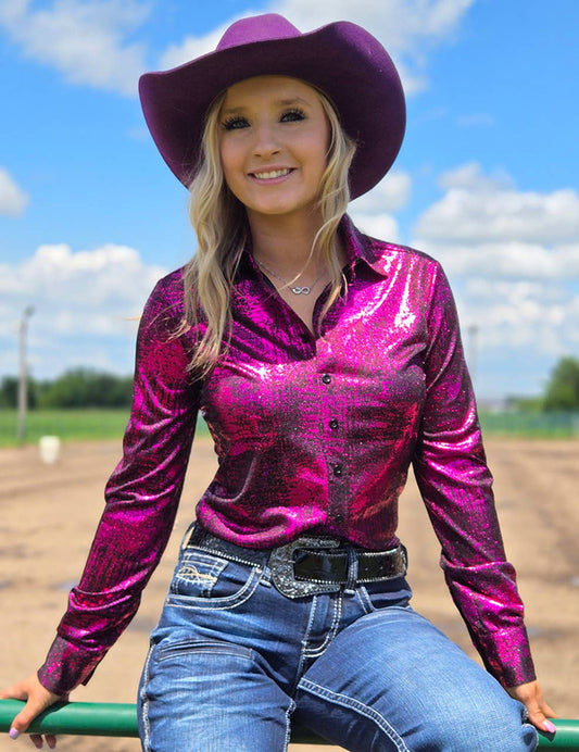 Pullover Button Up With Foil And Black Shimmer Stretch: Large