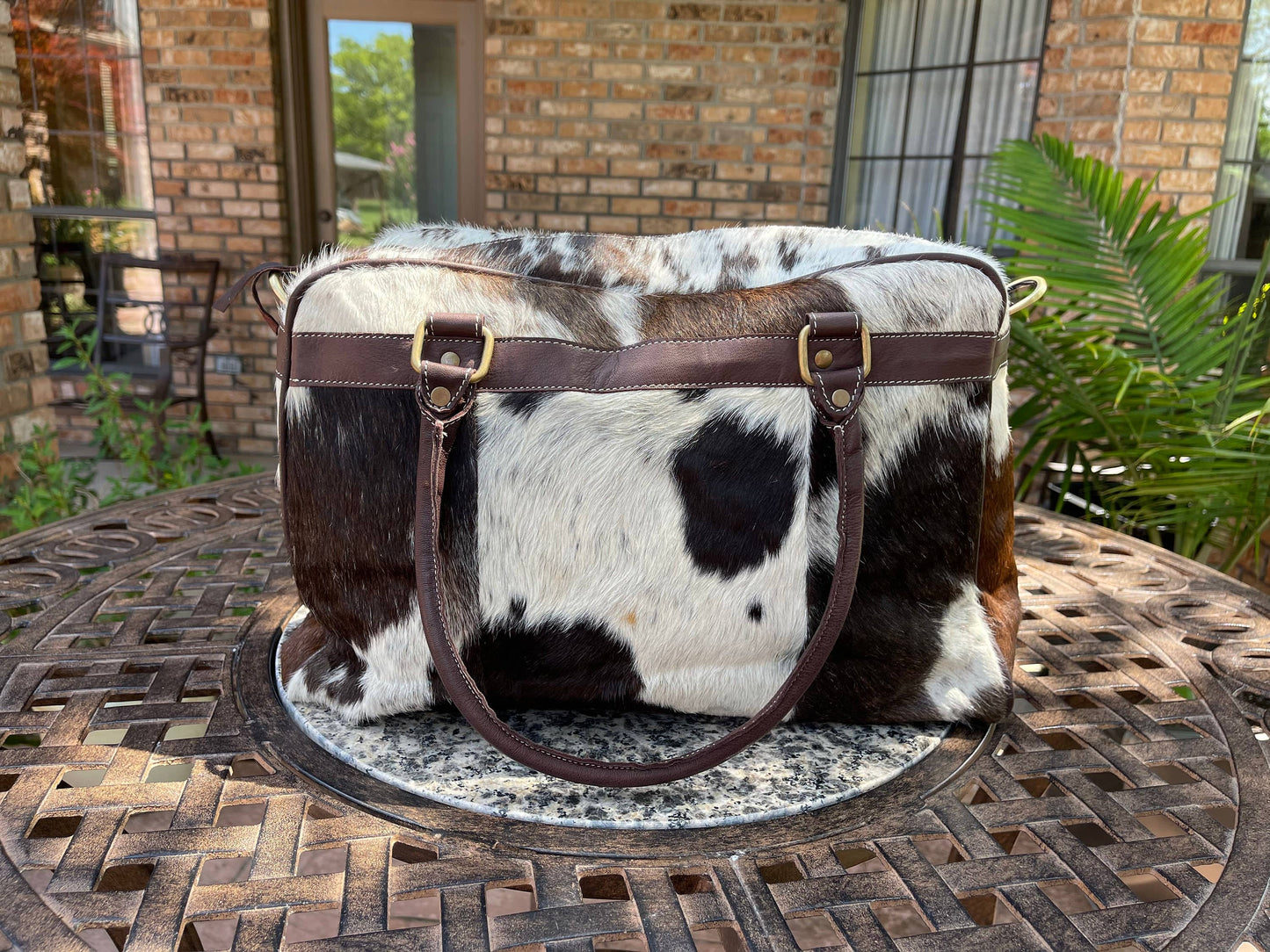 Weekender Duffle Leather Hair On Cowhide Duffel Travel Bag: Pink + Silver Specs