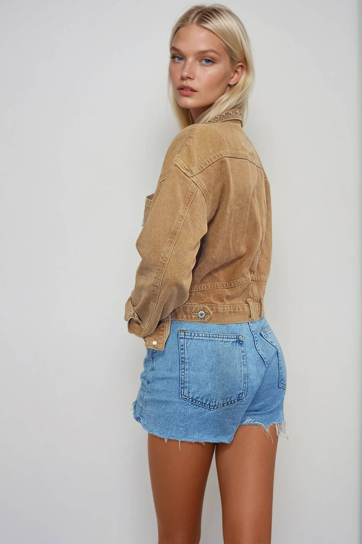 STUDDED CROPPED WASHED DENIM JACKET: L