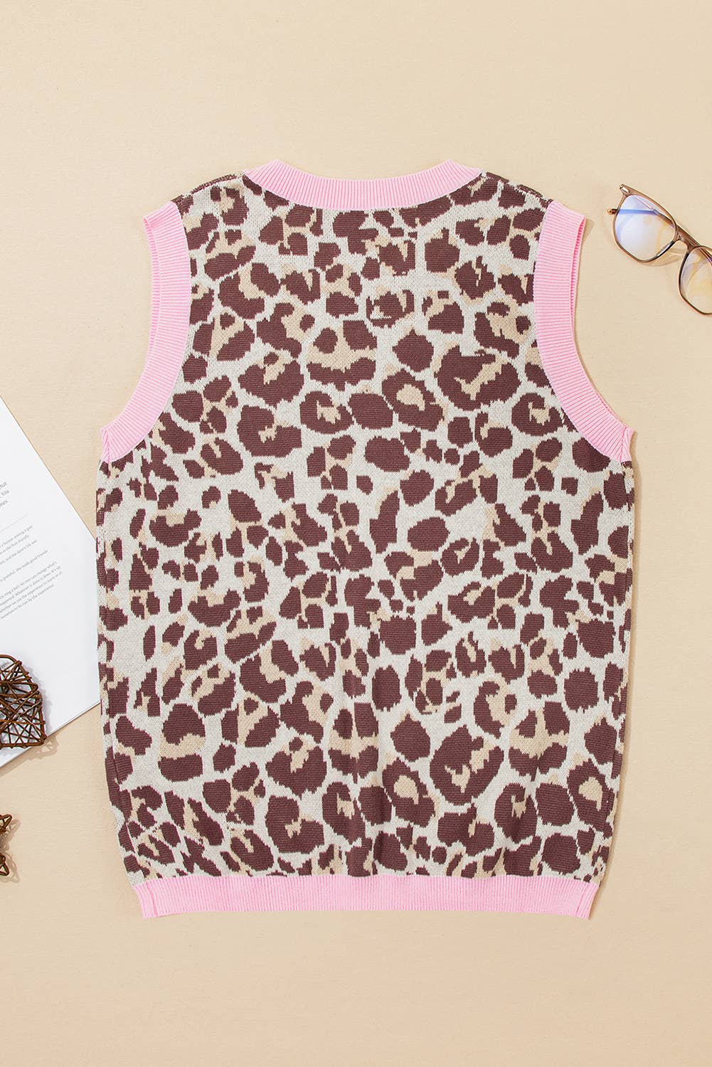 Leopard Pattern Contrast Ribbed Trim Sweater Vest
