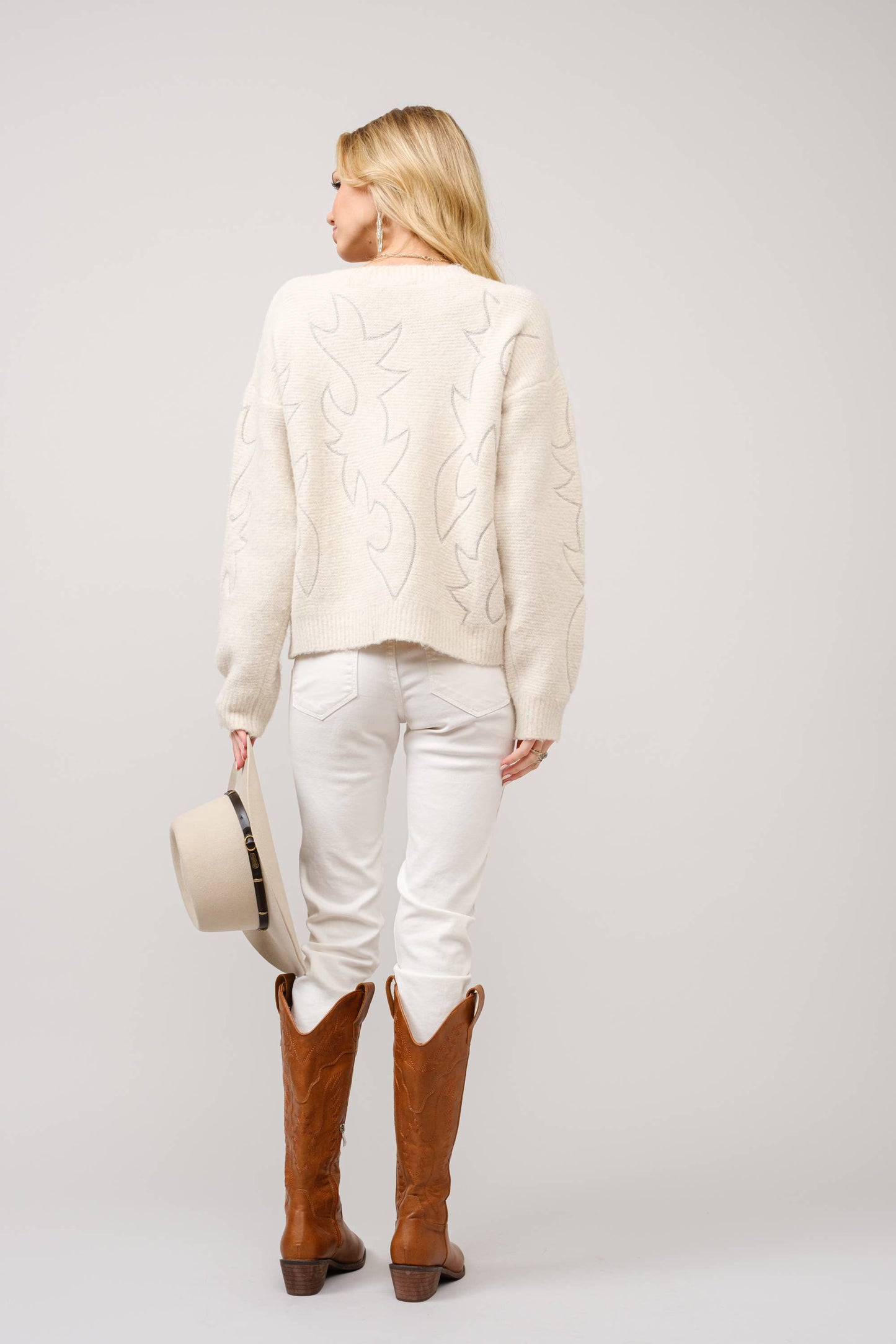 Western Boots Stitch Pattern Crew Neck Sweater: CREAM