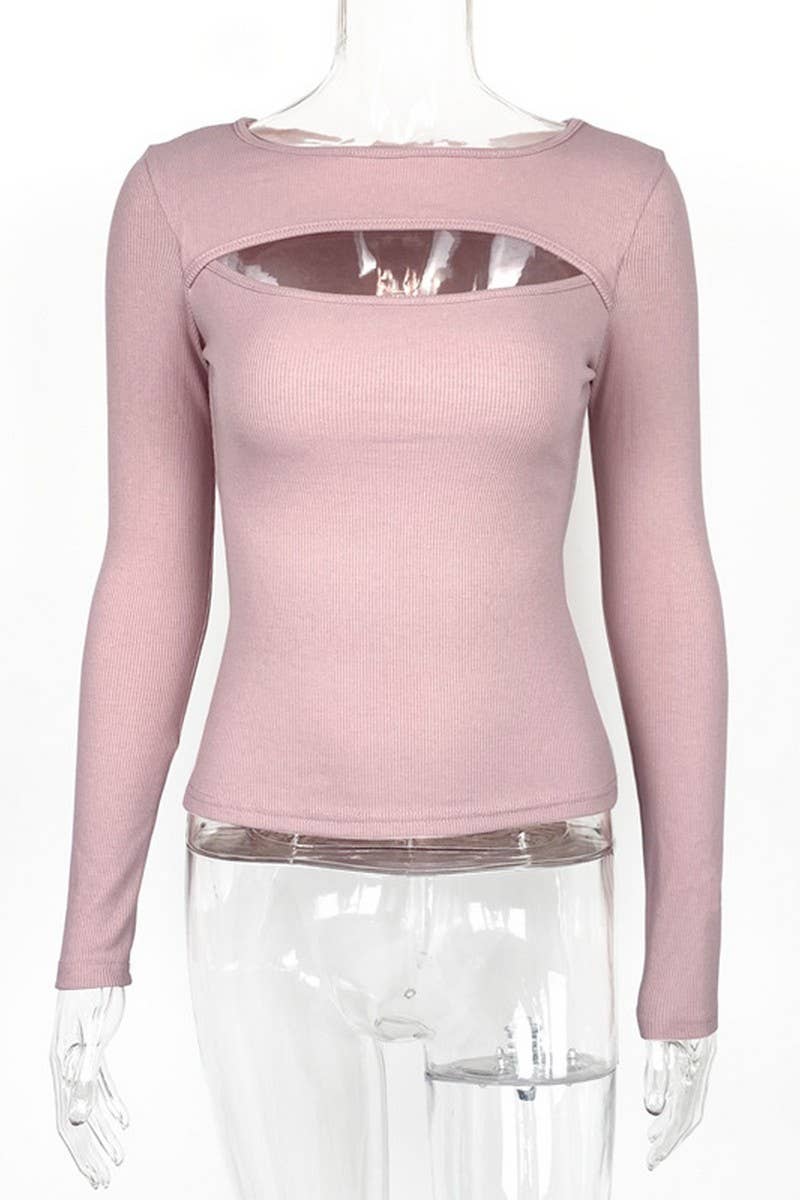 CWTBLL3780_RIBBED CUTOUT SLIM FIT LONG SLEEVE TOP: WHITE / (M) 1