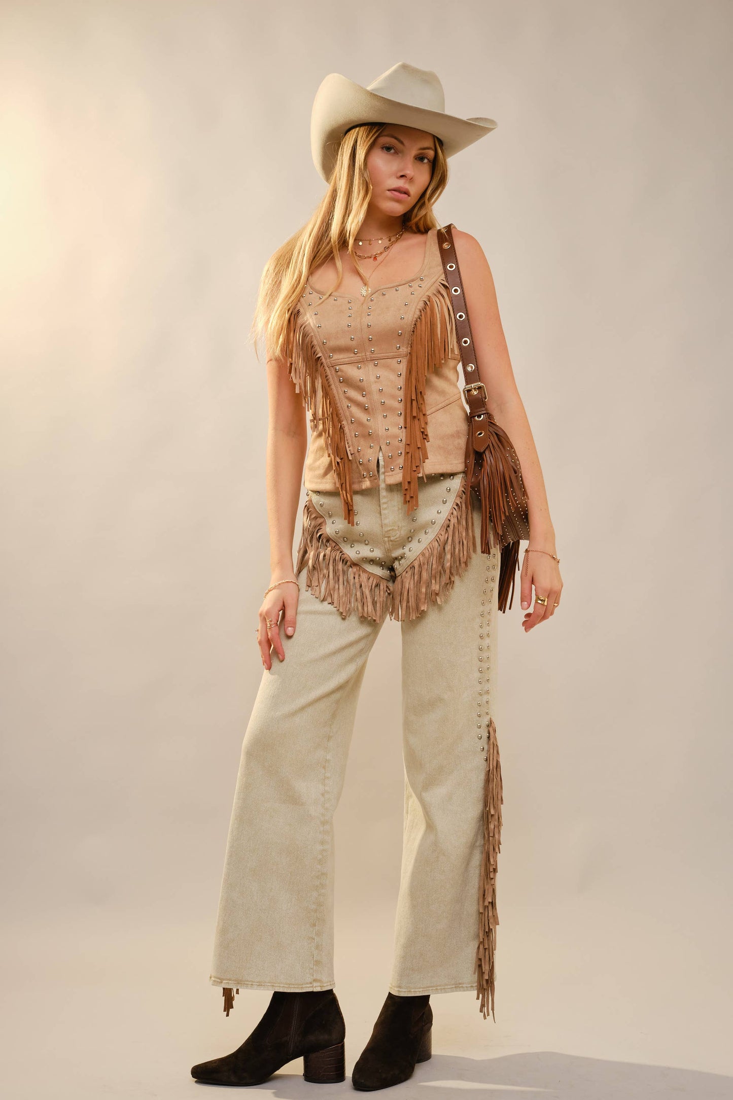 Fringe Stud Faux Suede Tank: CAMEL