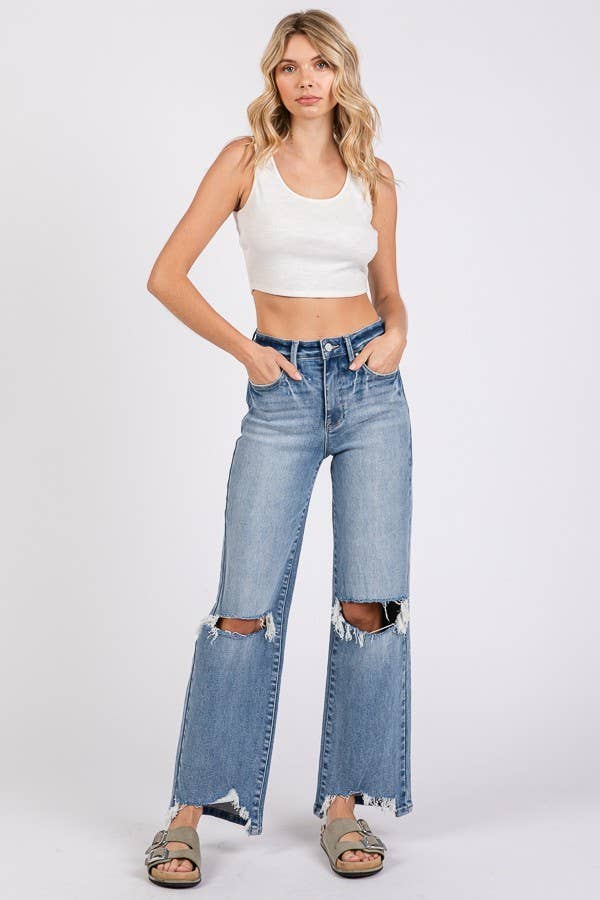 P1371W-MD HIGH RISE STRETCH SLIM WIDE LEG W/ DESTROYED HEM: 11/29