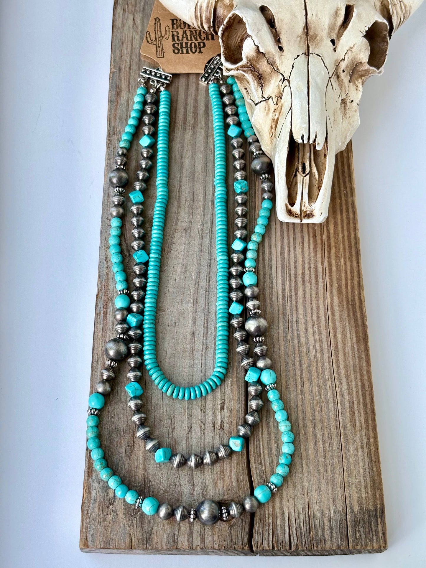 3 Layered Western Navajo Pearl & Turquoise Stone Necklace