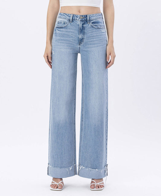 SUPER HIGH RISE CUFFED BAGGY WIDE LEG JEANS T6512: JUBILANT