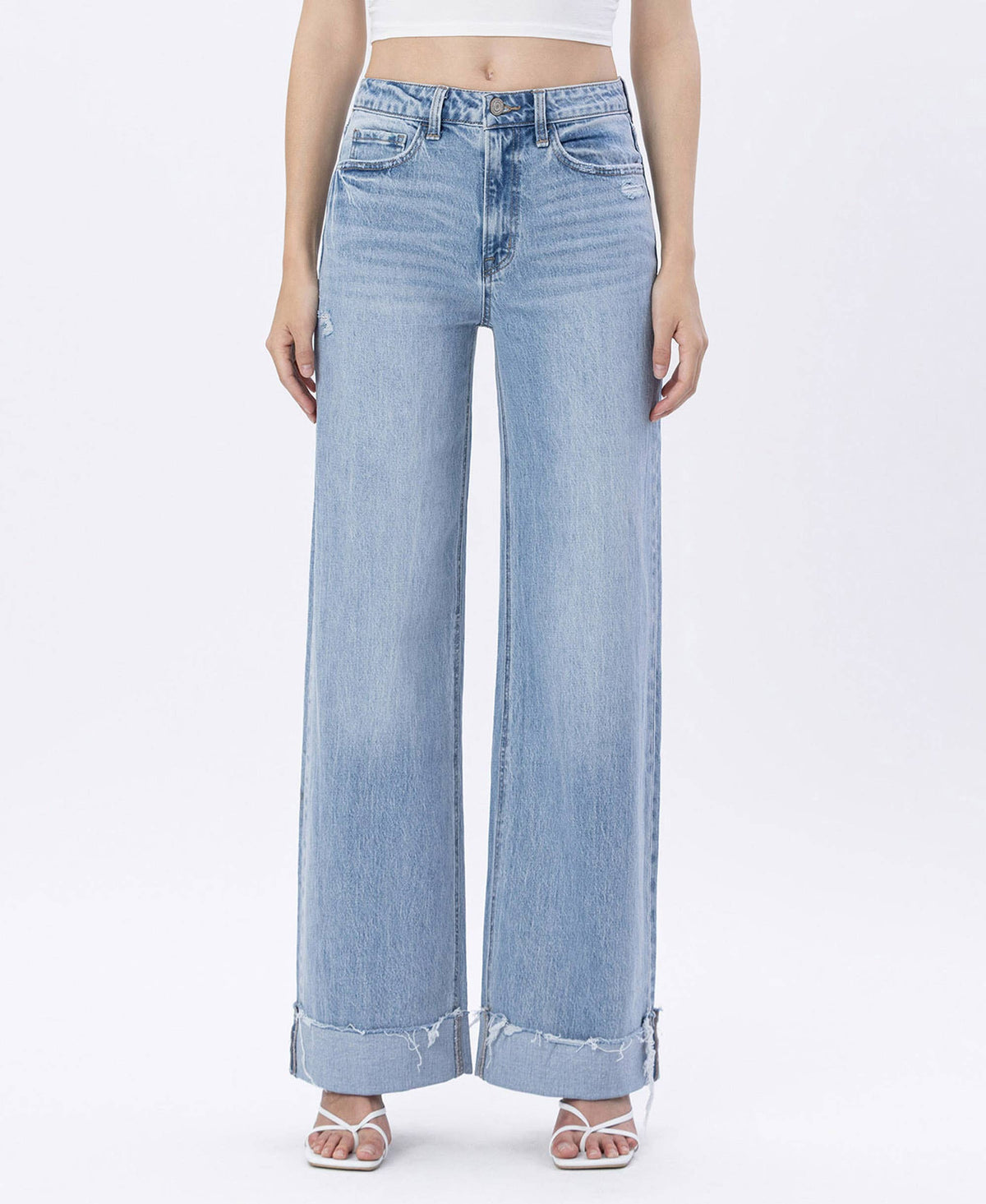 SUPER HIGH RISE CUFFED BAGGY WIDE LEG JEANS T6512: JUBILANT / 30