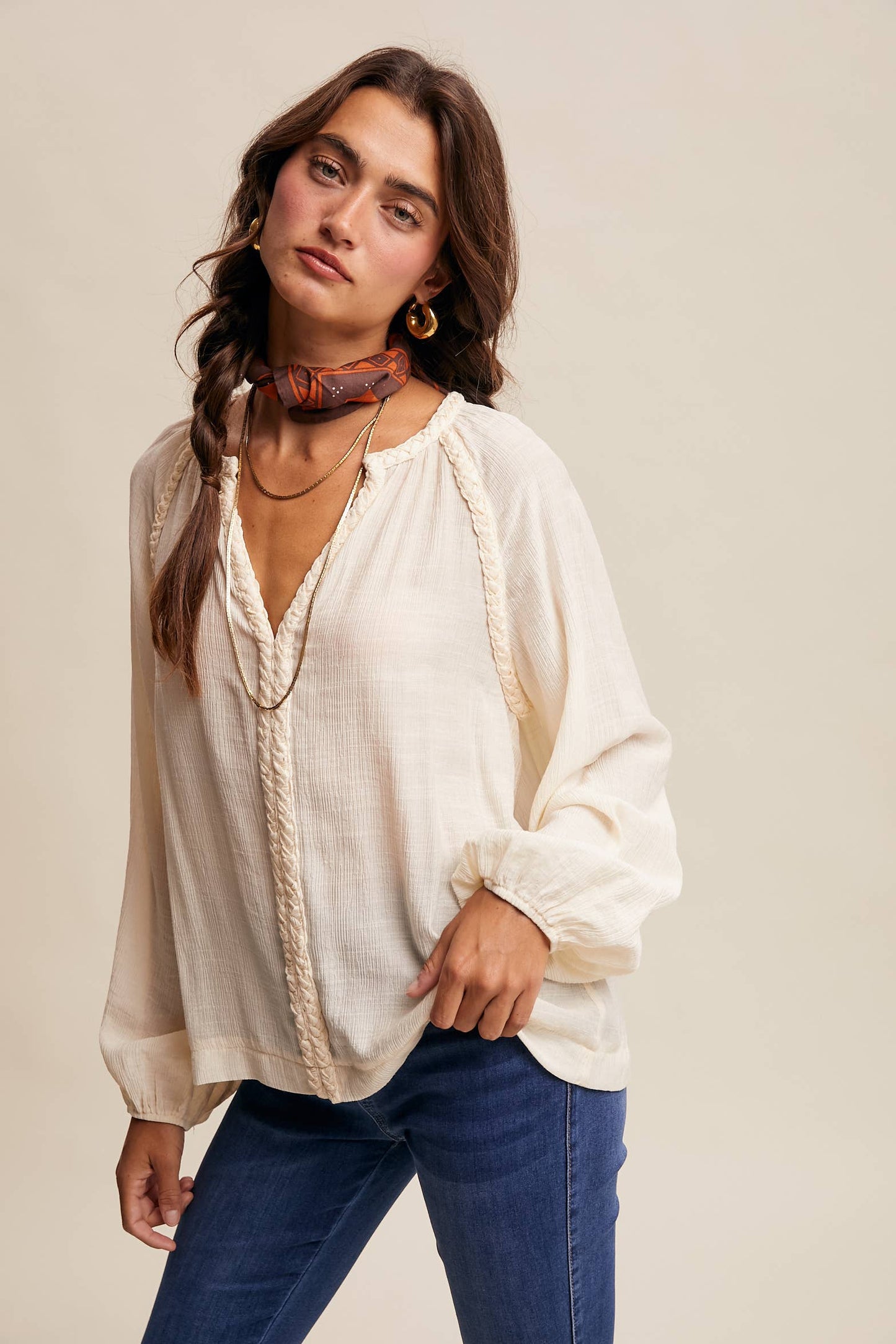 Braided Trim Peasant Blouse LT1447: Ecru / Contemporary / S