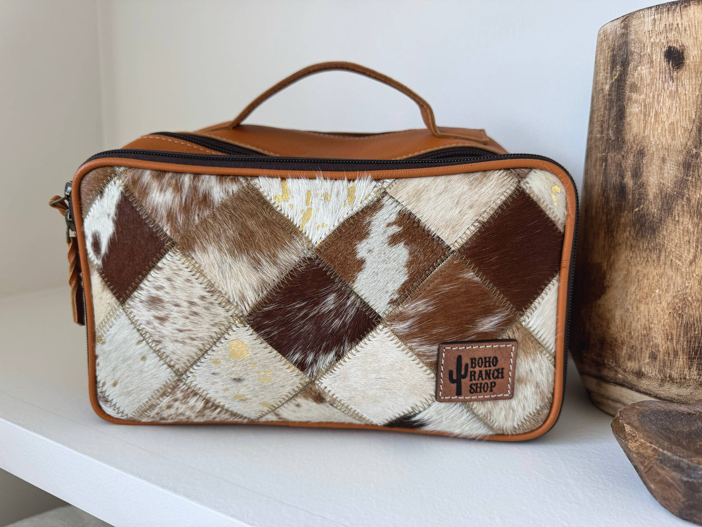 COWHIDE COSMETICS TRAVEL bag Genuine Hair On Leather makeup: BLACK + WHITE COWHIDE