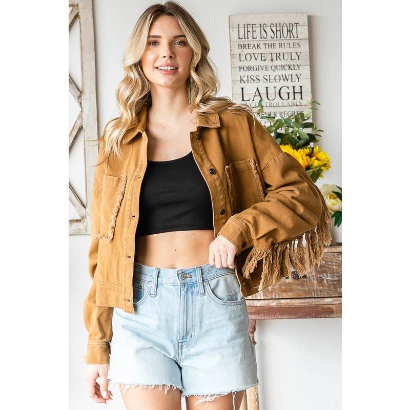 WASHED BUTTON DOWN FRINGE TWILL JACKET: WASHED CAMEL / XS-S-M-L-XL(1-2-2-2-1)