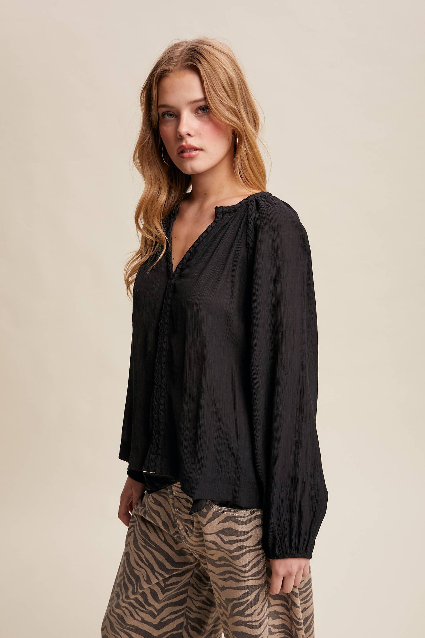 Braided Trim Peasant Blouse LT1447: Ecru / Contemporary / S