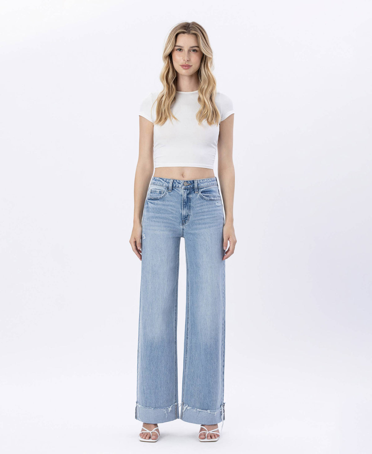SUPER HIGH RISE CUFFED BAGGY WIDE LEG JEANS T6512: JUBILANT / 32