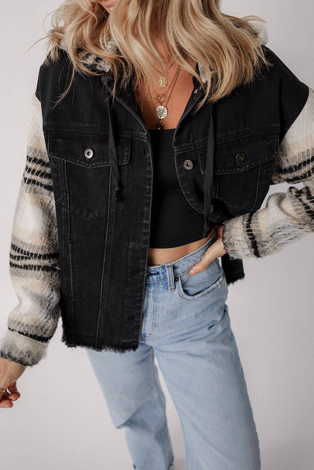 Denim Plaid Colorblock Hooded Jacket: Black