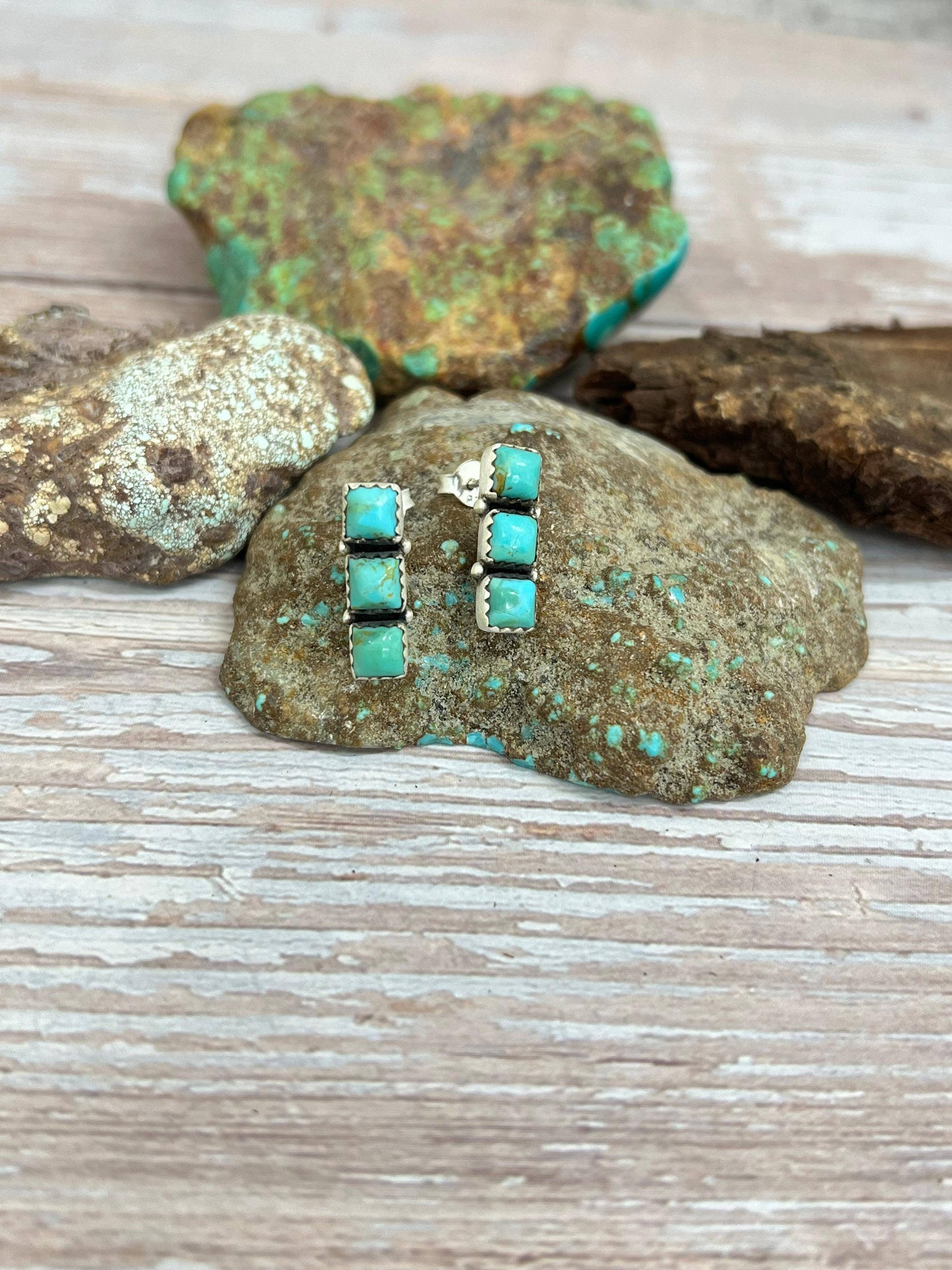 Handmade Sterling Silver Kingman Turquoise Post Studs with Signed Nizhoni: Kingman Turquoise / Studs